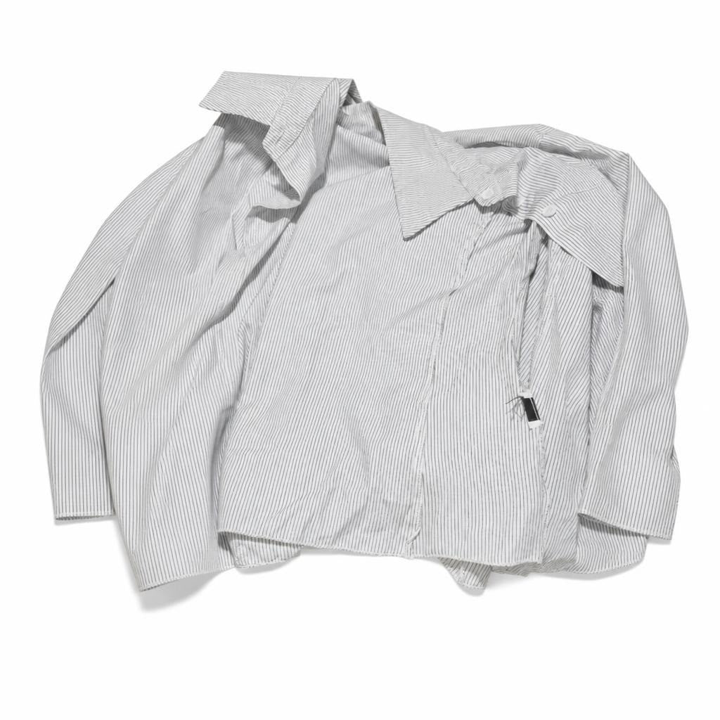 White pinstripe button-up shirt, small tag visible - white studio shot, second-hand at Why Go Less, Dekwaneh, Lebanon