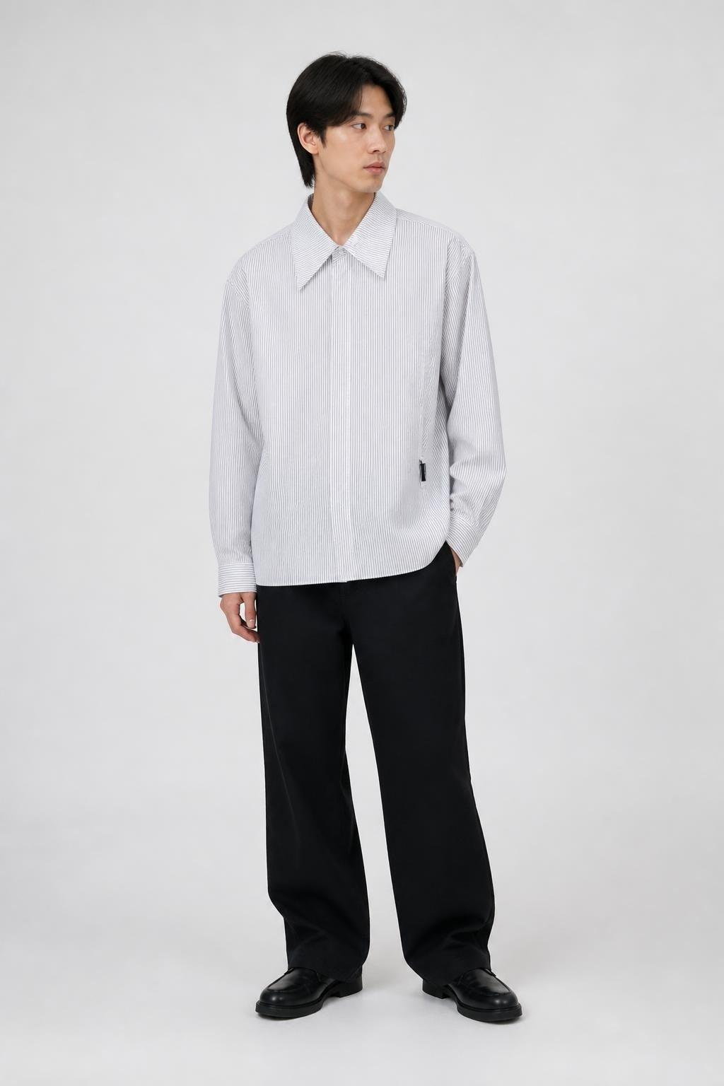 White Pinstripe Button-up Shirt, Small Tag Visible | Pre-Loved | Why Go Less