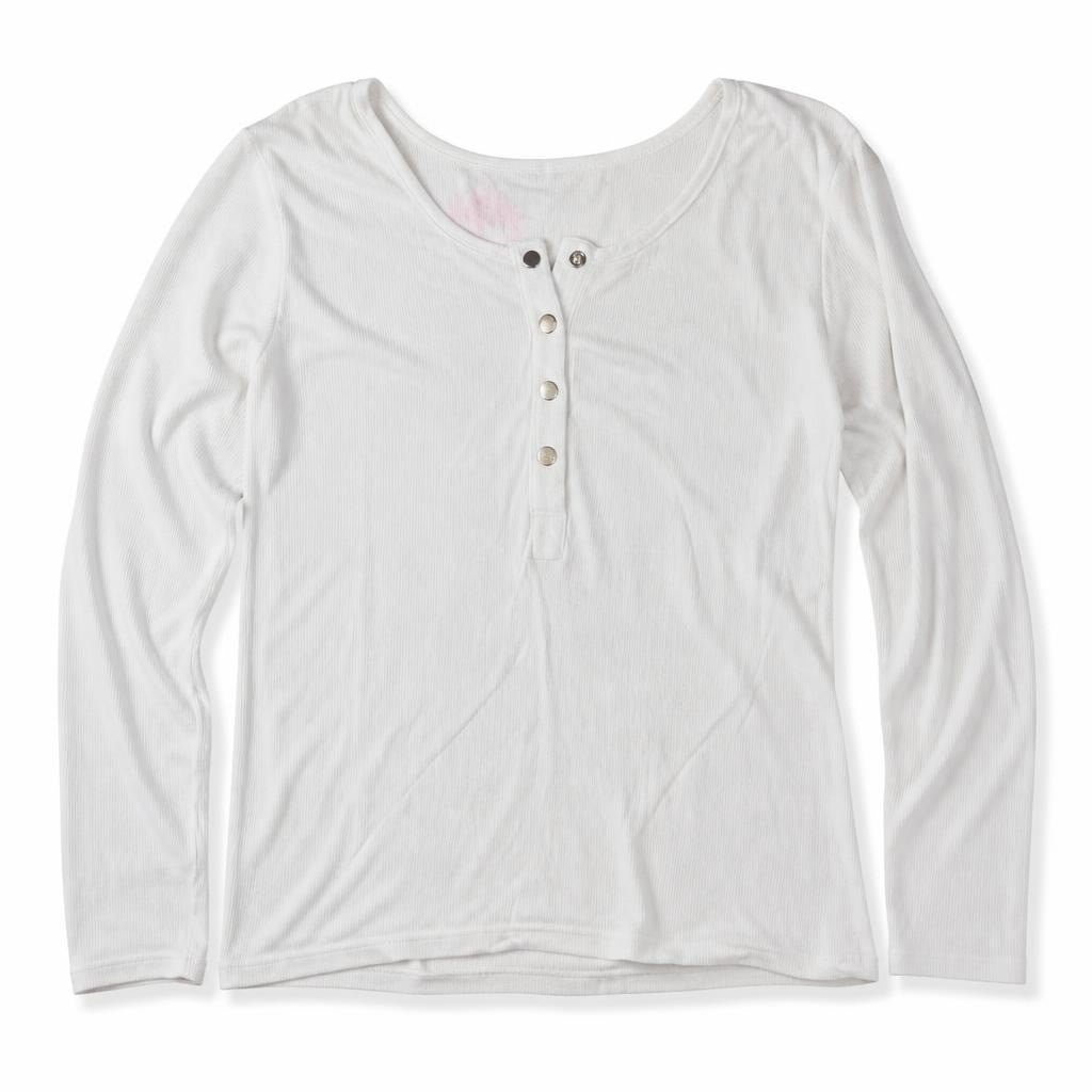 White ribbed Henley snap-button top, white - white studio shot, second-hand at Why Go Less, Dekwaneh, Lebanon