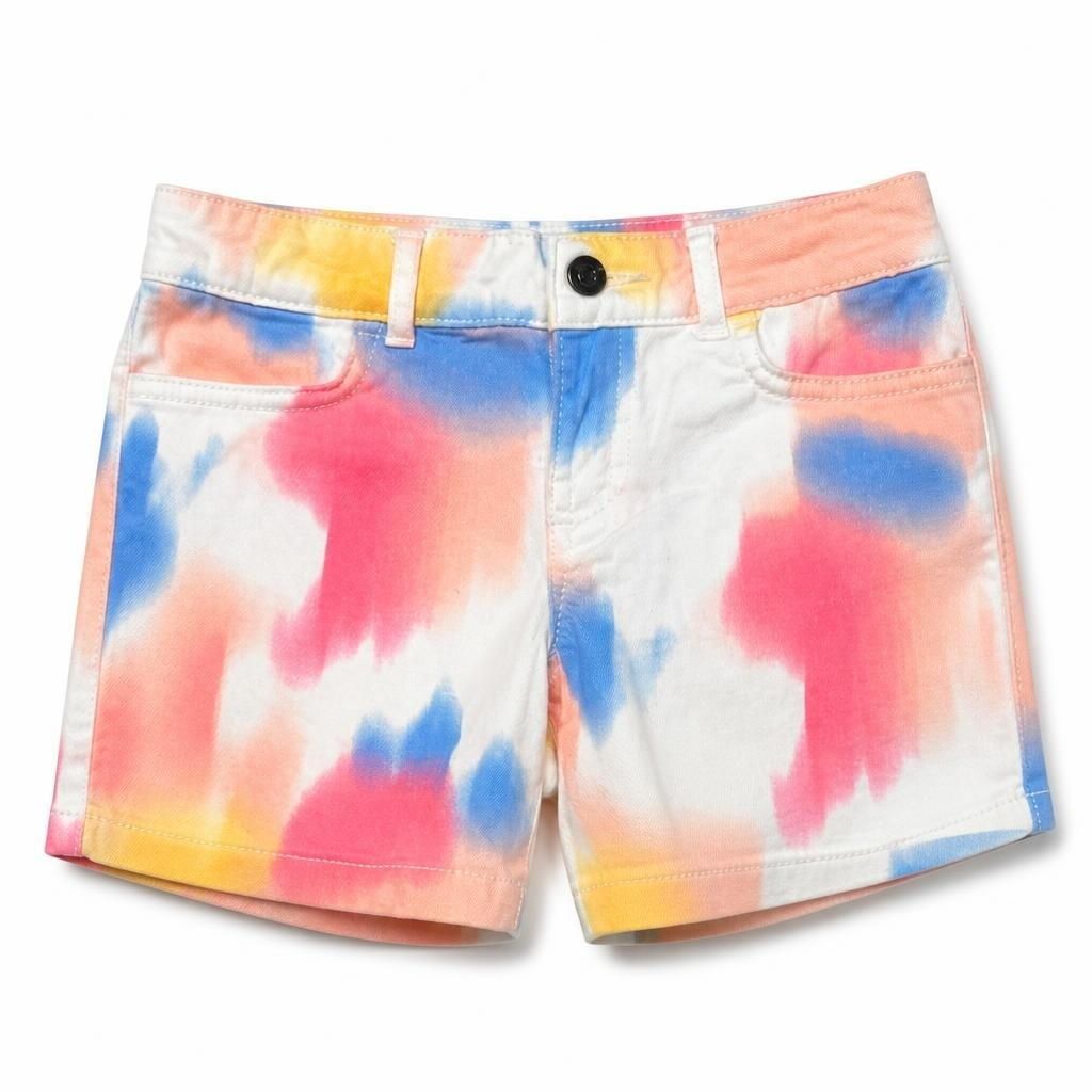 Tie-dye multicolor denim shorts, kids - white studio shot, second-hand at Why Go Less, Dekwaneh, Lebanon