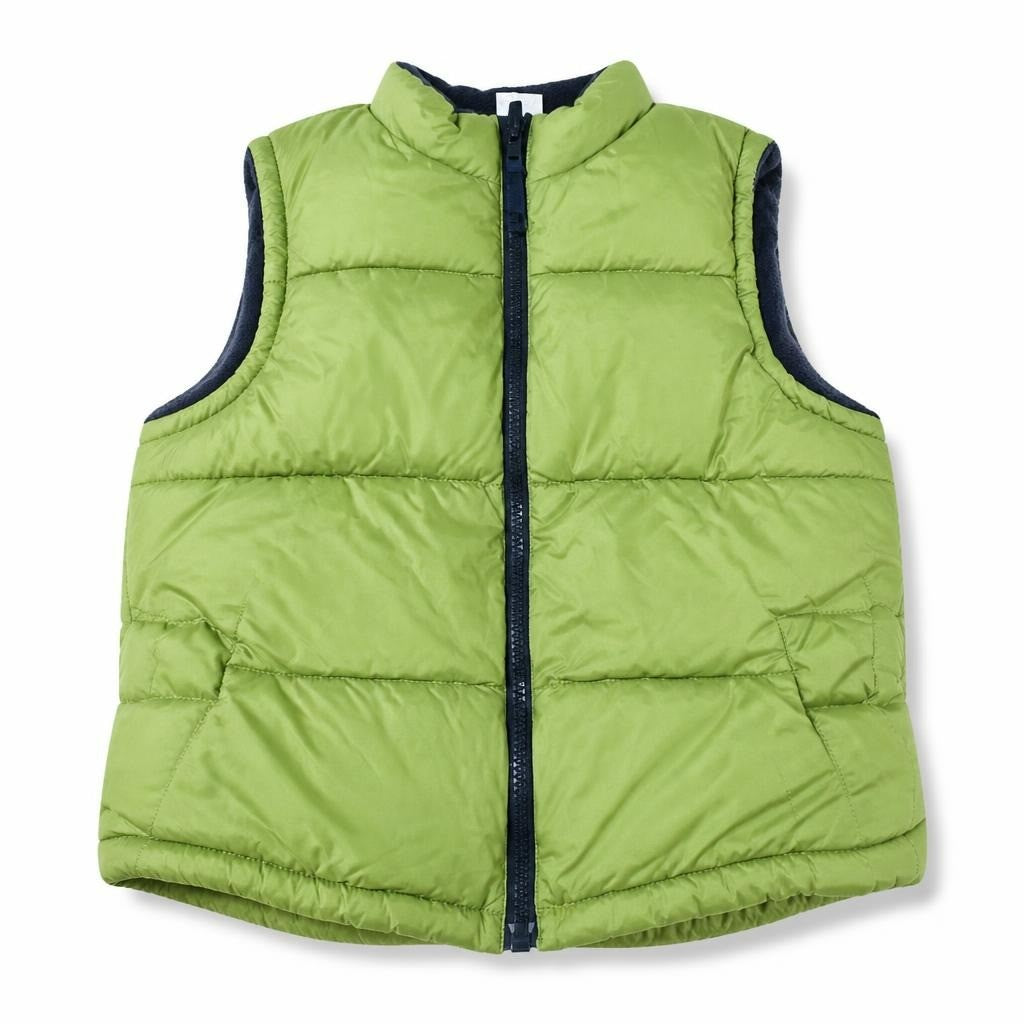 Olive green puffer vest, zip-up - white studio shot, second-hand at Why Go Less, Dekwaneh, Lebanon