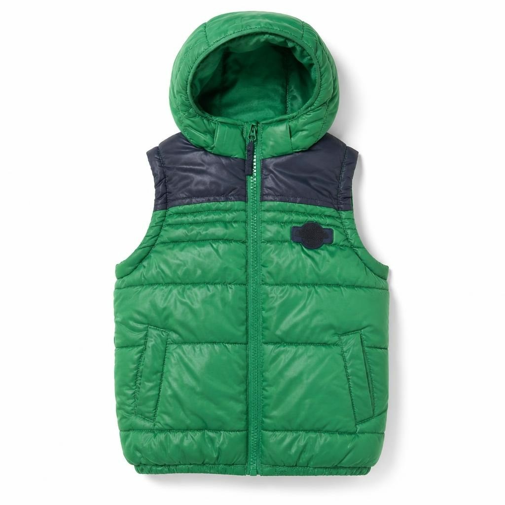Kids green & navy puffer vest with hood - white studio shot, second-hand at Why Go Less, Dekwaneh, Lebanon