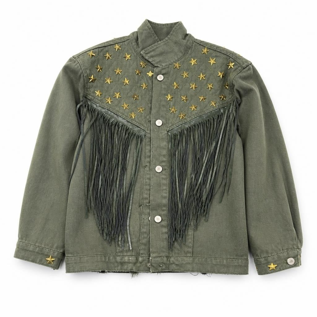 Olive Studded Fringe Denim Jacket - white studio shot, second-hand at Why Go Less, Dekwaneh, Lebanon