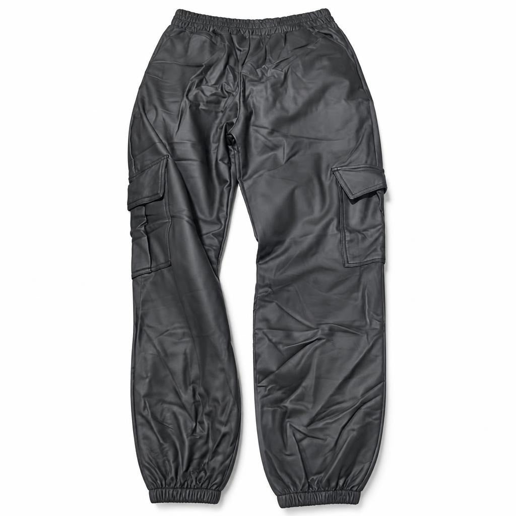 Black faux leather cargo pants - white studio shot, second-hand at Why Go Less, Dekwaneh, Lebanon