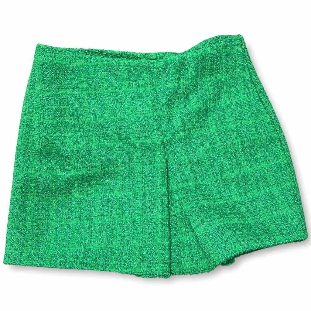 Green textured mini short - white studio shot, second-hand at Why Go Less, Dekwaneh, Lebanon
