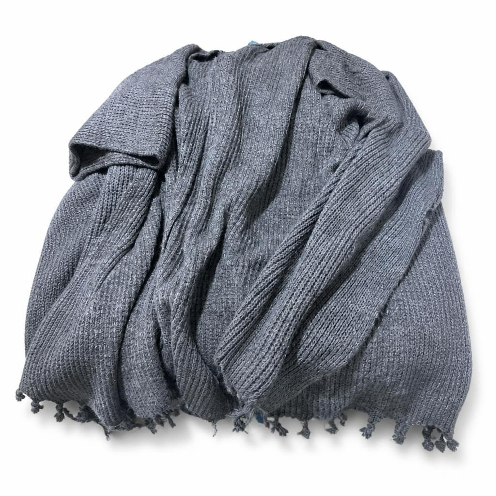Grey knitted shawl - white studio shot, second-hand at Why Go Less, Dekwaneh, Lebanon