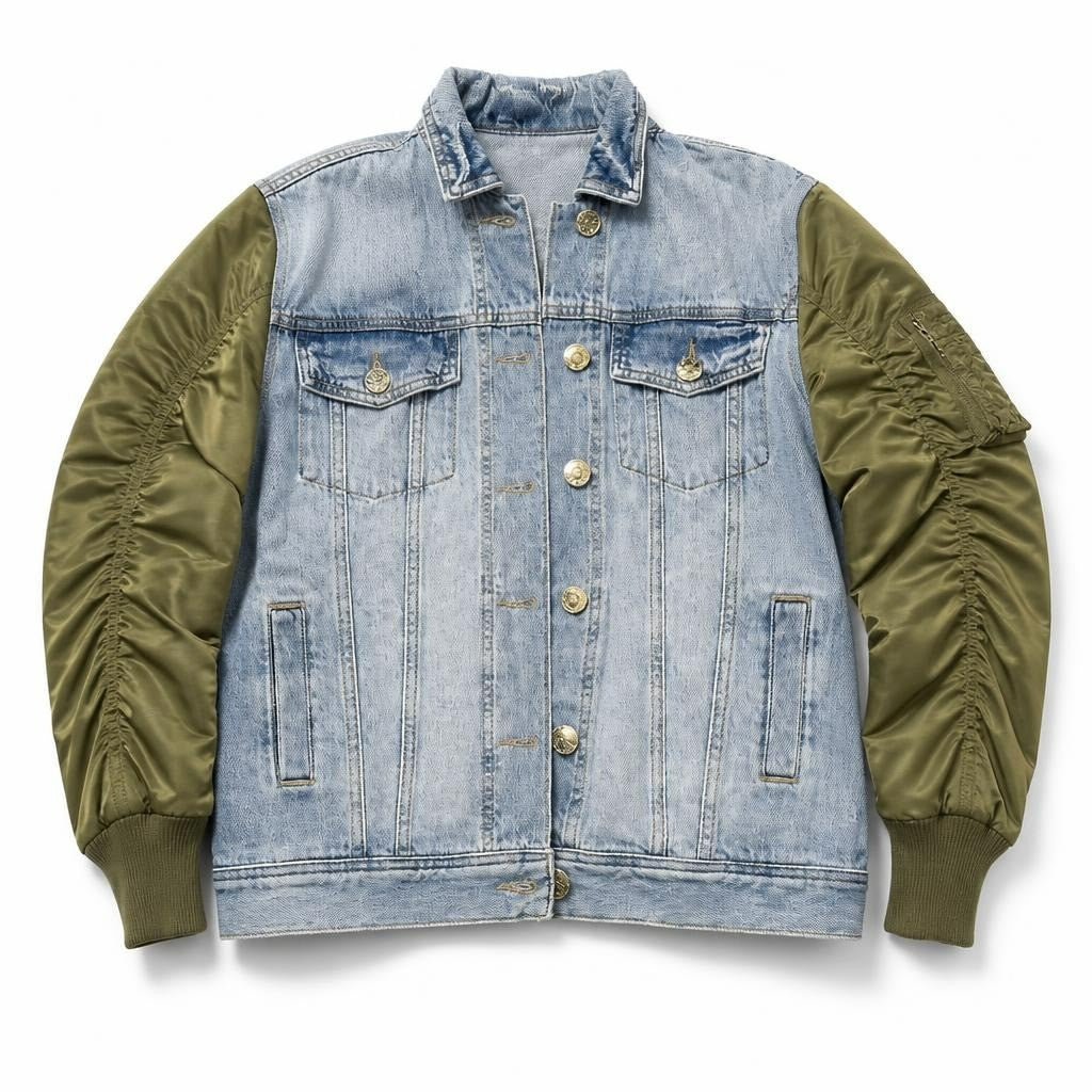 Denim jacket with khaki sleeves - white studio shot, second-hand at Why Go Less, Dekwaneh, Lebanon