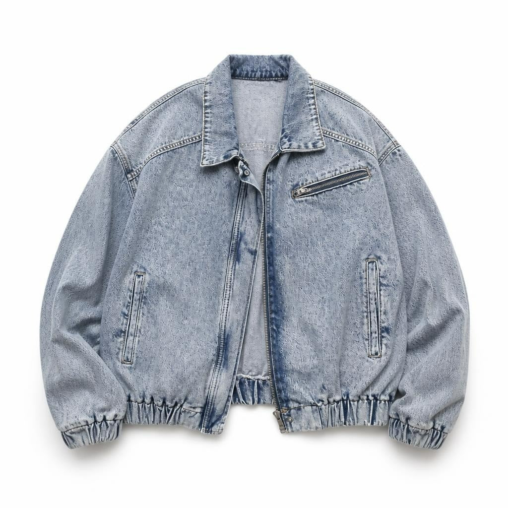 Cropped Denim Bomber Jacket - white studio shot, second-hand at Why Go Less, Dekwaneh, Lebanon