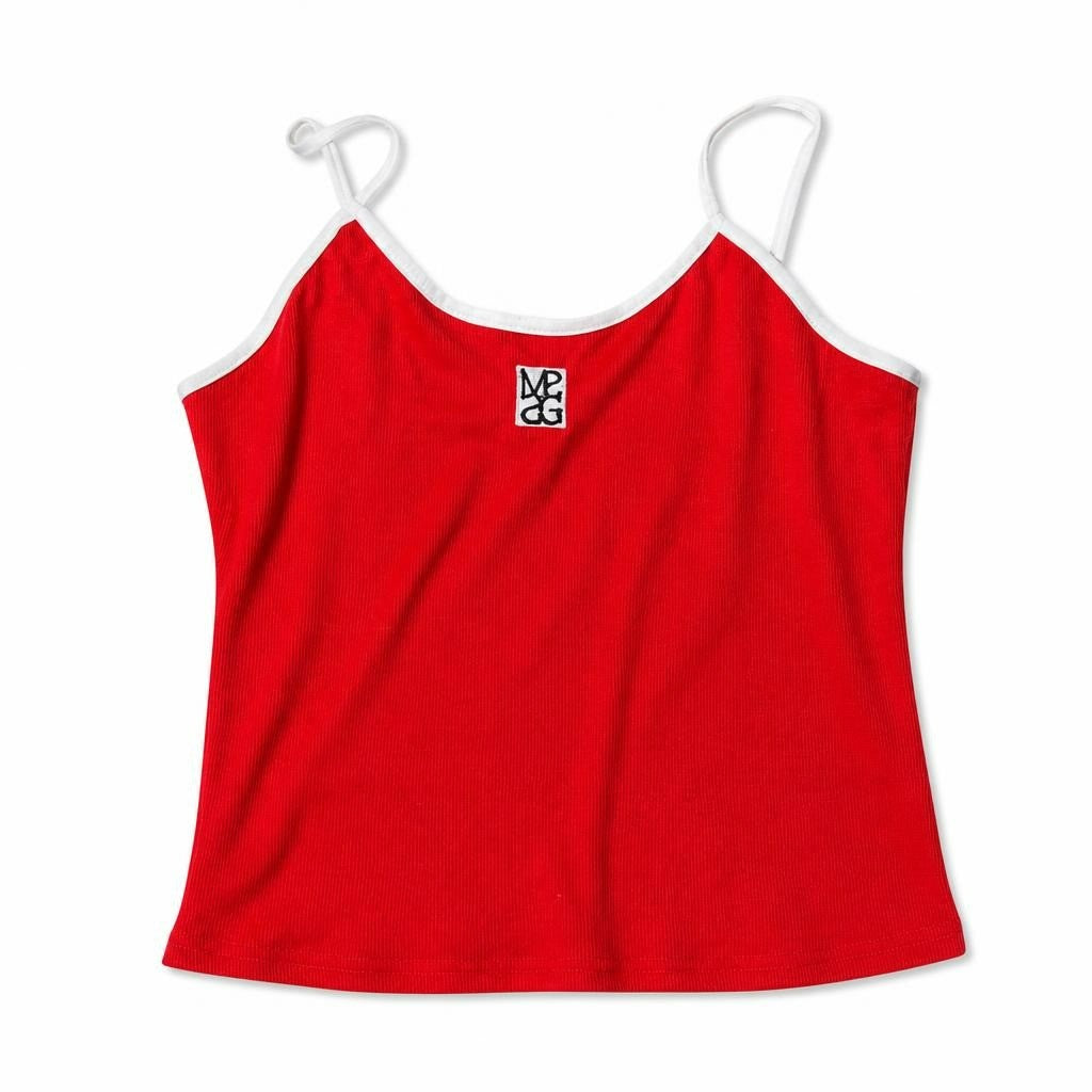 Red knit cami top - white studio shot, second-hand at Why Go Less, Dekwaneh, Lebanon