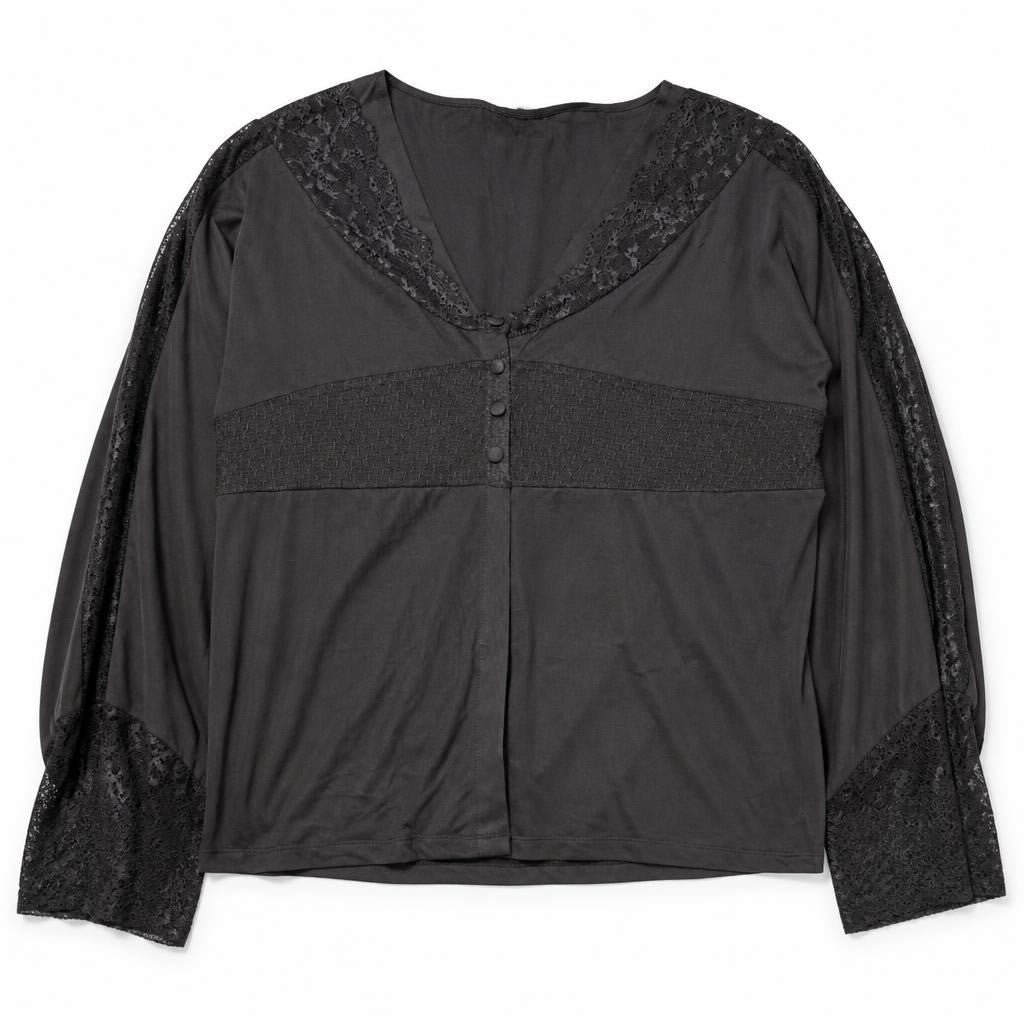 Black satin lace blouse - white studio shot, second-hand at Why Go Less, Dekwaneh, Lebanon