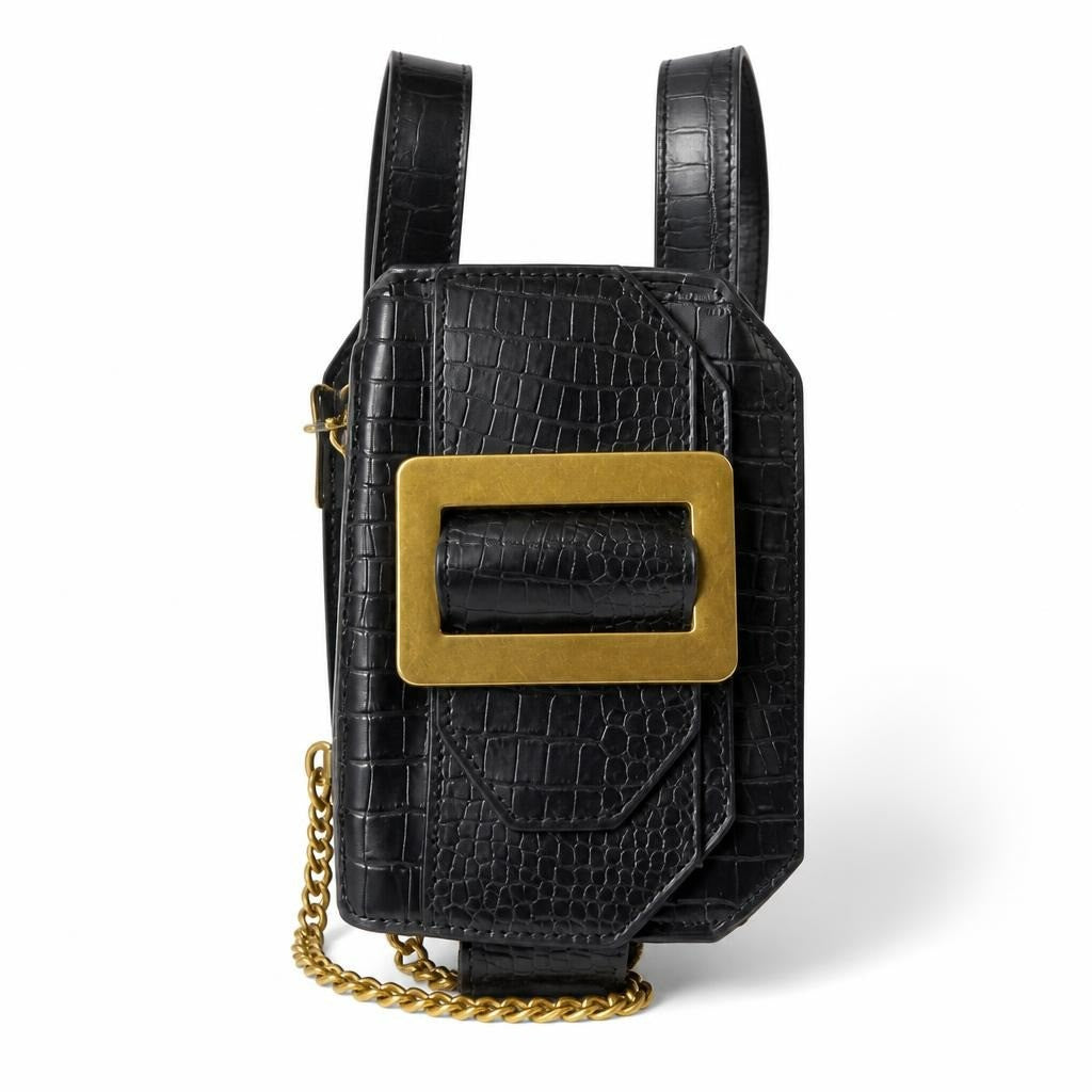 Black croc crossbody bag - white studio shot, second-hand at Why Go Less, Dekwaneh, Lebanon
