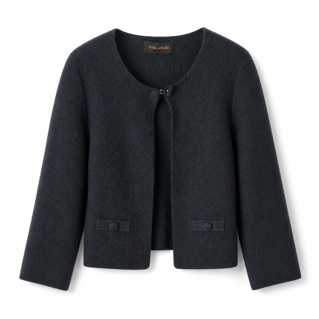 Amélie e Amélie black knit cropped jacket - white studio shot, second-hand at Why Go Less, Dekwaneh, Lebanon