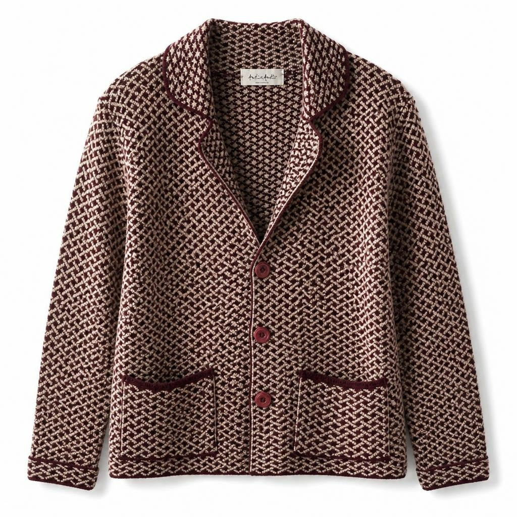 Amélie e Amélie burgundy tweed patterned blazer - white studio shot, second-hand at Why Go Less, Dekwaneh, Lebanon