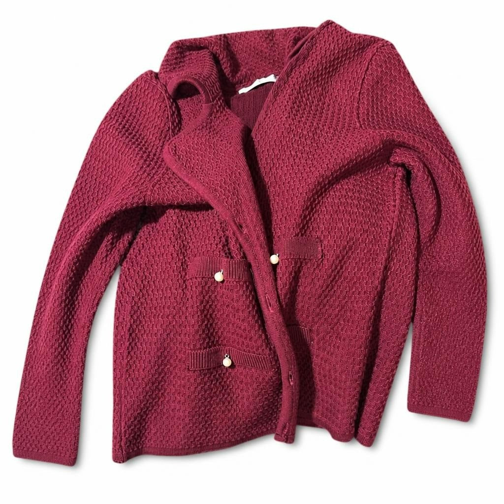 Burgundy knit cardigan with bow detail buttons - white studio shot, second-hand at Why Go Less, Dekwaneh, Lebanon