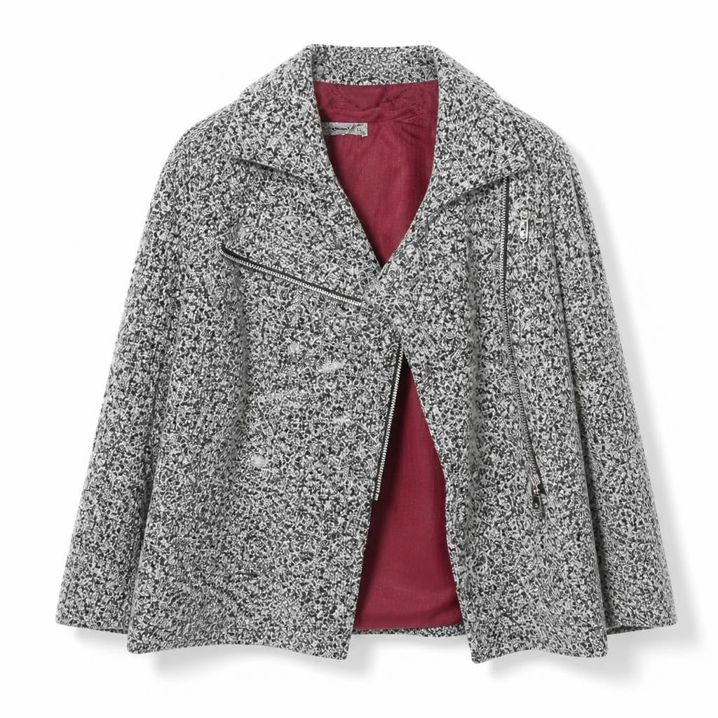 Grey marl boucle moto zip jacket - white studio shot, second-hand at Why Go Less, Dekwaneh, Lebanon