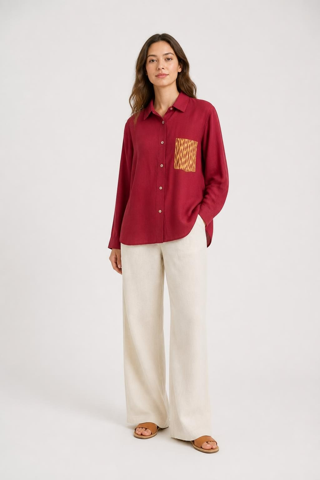 Burgundy Shirt Gold Stripe Chest Pocket Detail | Pre-Loved | Why Go Less-1