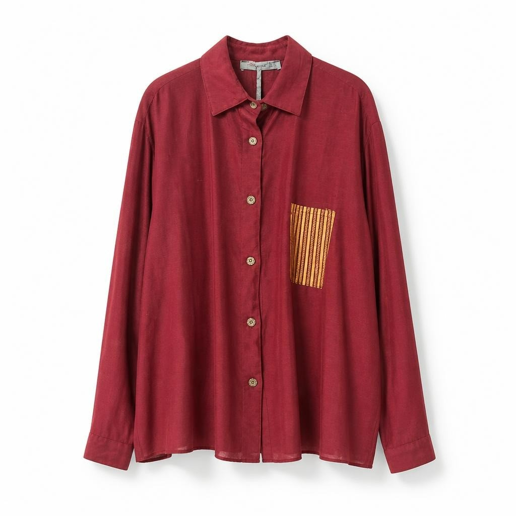 Burgundy shirt gold stripe chest pocket detail - white studio shot, second-hand at Why Go Less, Dekwaneh, Lebanon