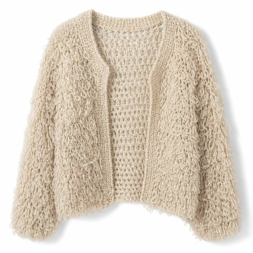 Dandetto cream loop-knit fringe cardigan - white studio shot, second-hand at Why Go Less, Dekwaneh, Lebanon