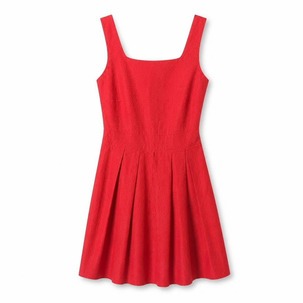 Red jacquard square-neck sleeveless mini dress - white studio shot, second-hand at Why Go Less, Dekwaneh, Lebanon