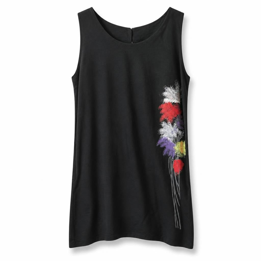 Black sleeveless tunic with floral print detail - white studio shot, second-hand at Why Go Less, Dekwaneh, Lebanon