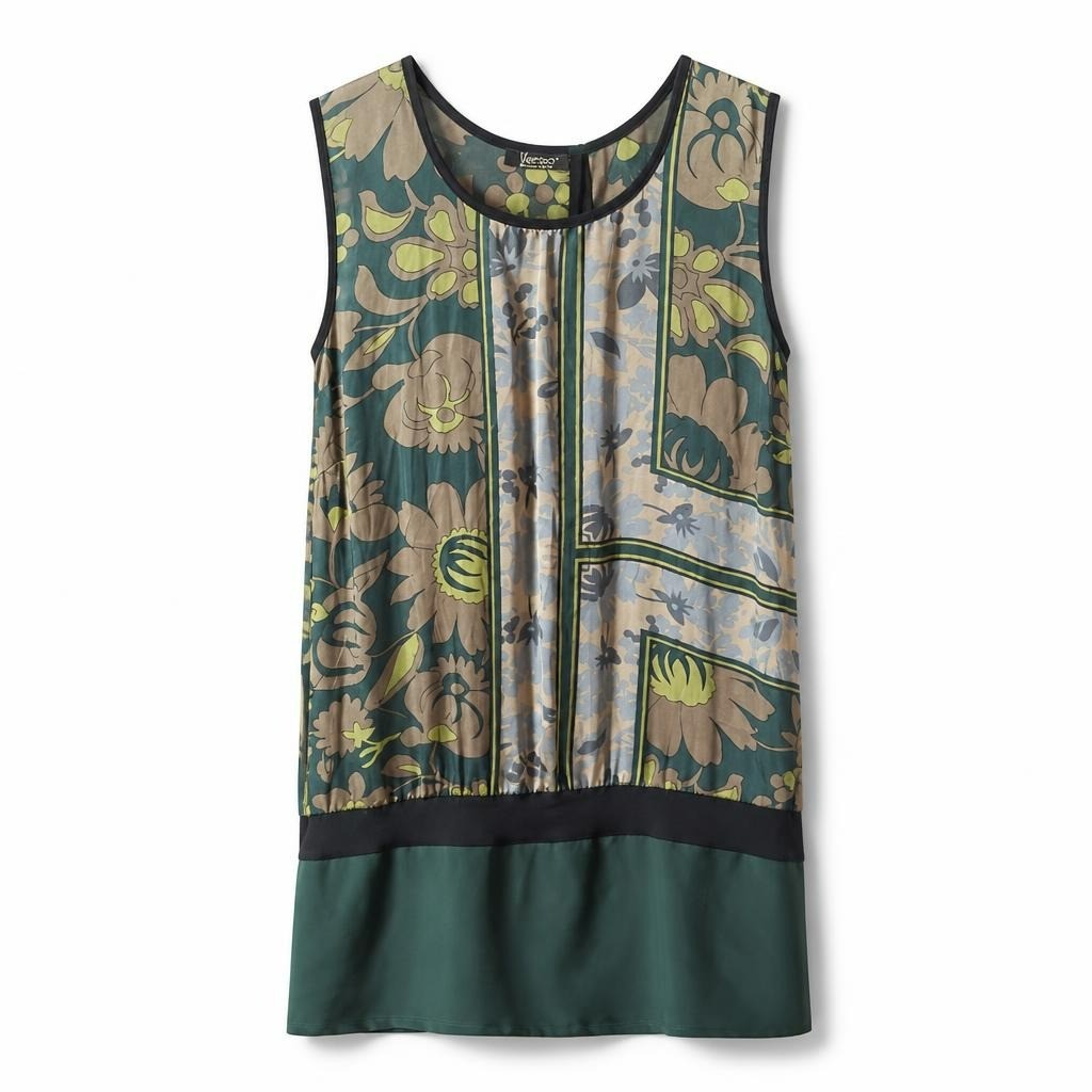 Varso floral print sleeveless tunic top, green - white studio shot, second-hand at Why Go Less, Dekwaneh, Lebanon