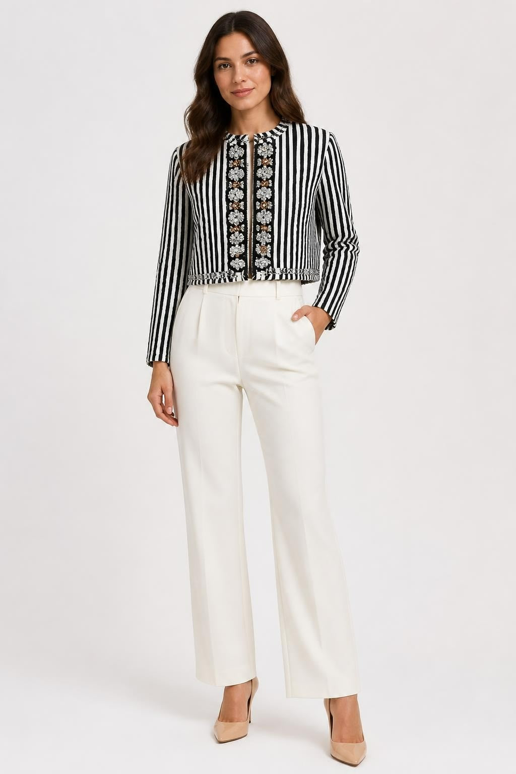 Navy Striped Embroidered Open-front Blouse Top | Pre-Loved | Why Go Less