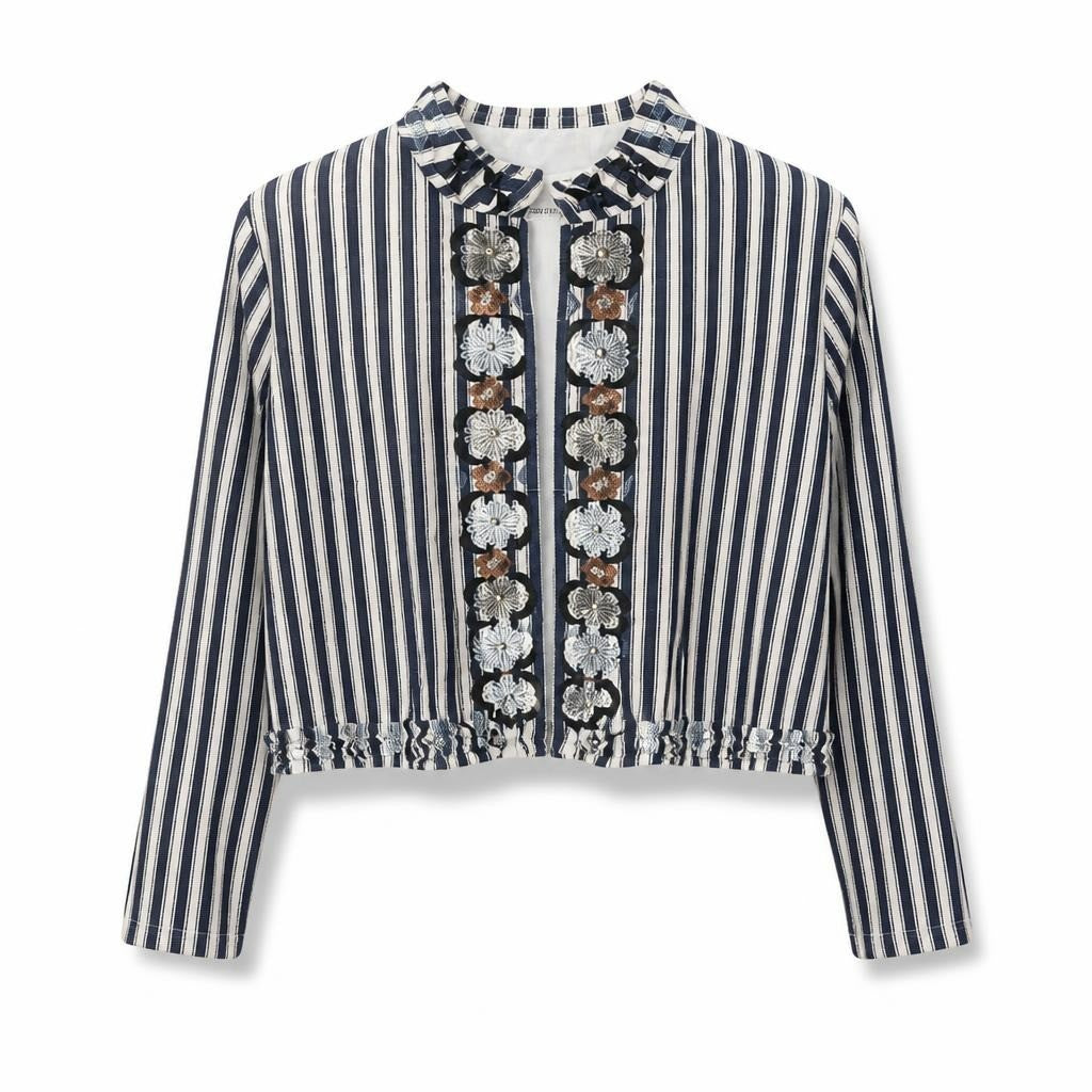 Navy striped embroidered open-front blouse top - white studio shot, second-hand at Why Go Less, Dekwaneh, Lebanon