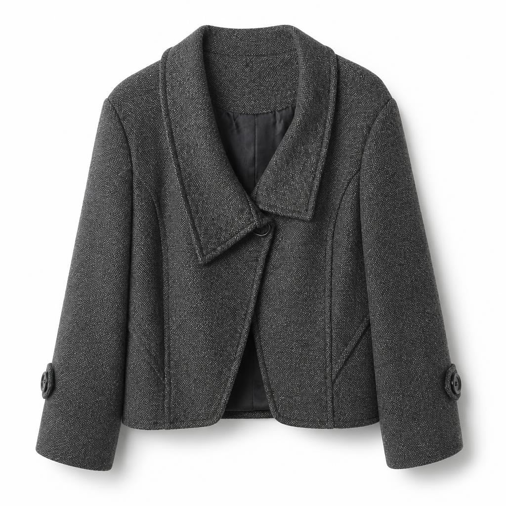 Intuition grey tweed asymmetric cropped blazer - white studio shot, second-hand at Why Go Less, Dekwaneh, Lebanon