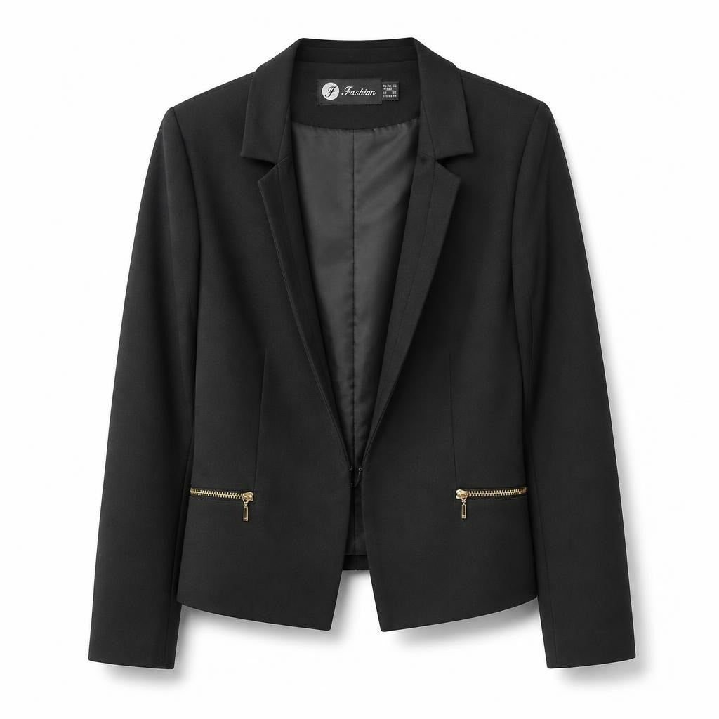 Intuition black blazer gold zip pockets - white studio shot, second-hand at Why Go Less, Dekwaneh, Lebanon