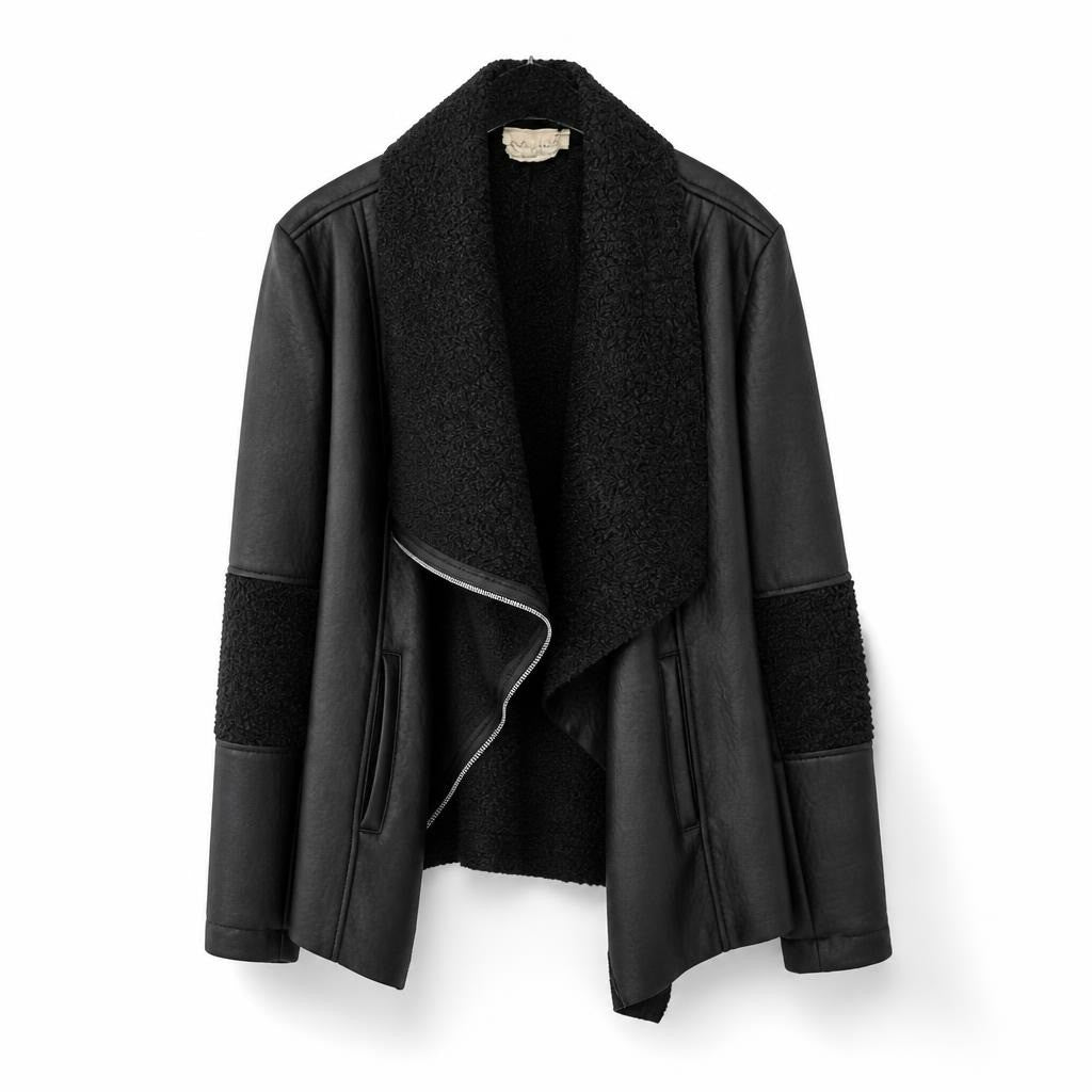 Black faux leather sherpa mixed jacket - white studio shot, second-hand at Why Go Less, Dekwaneh, Lebanon