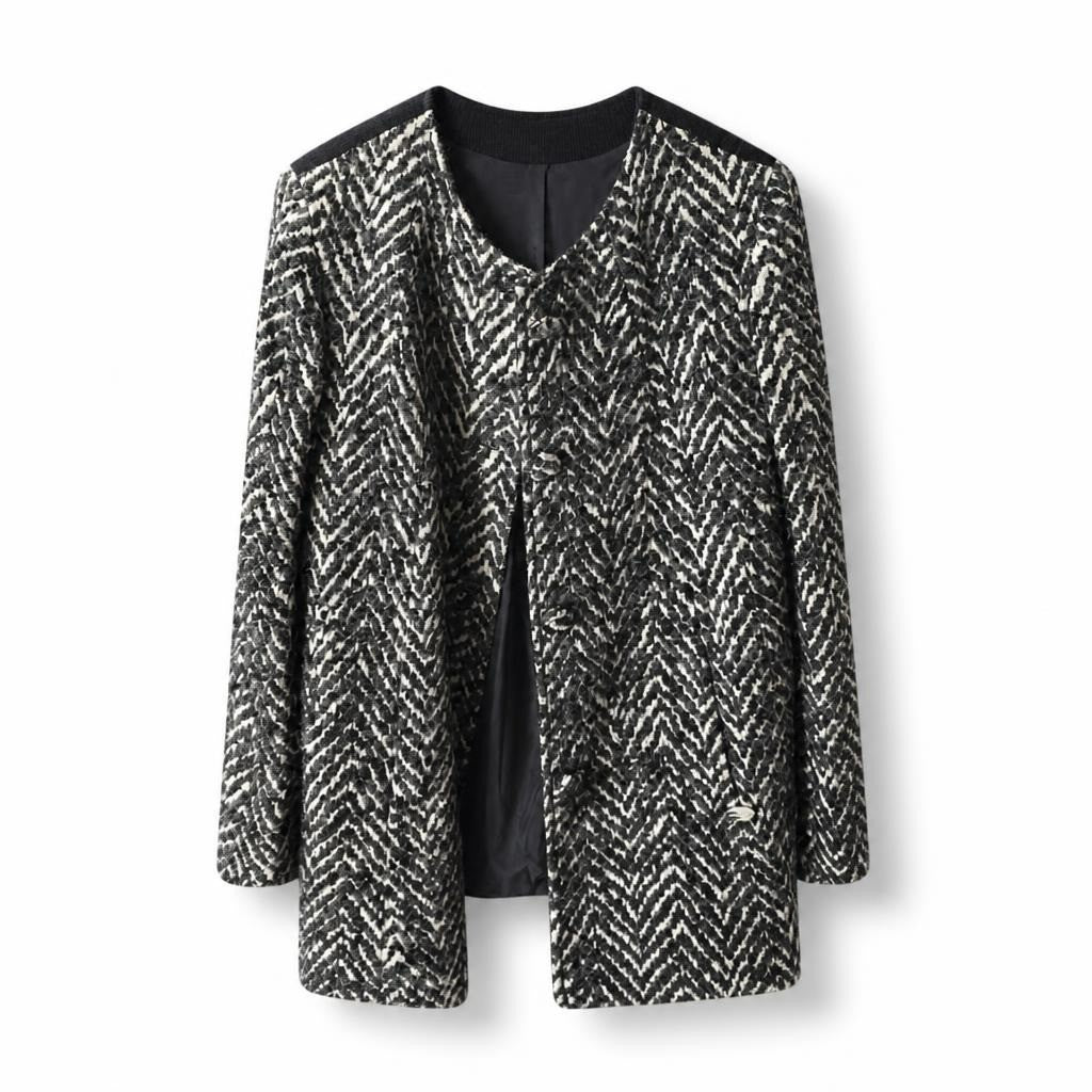 Black white herringbone open front jacket - white studio shot, second-hand at Why Go Less, Dekwaneh, Lebanon
