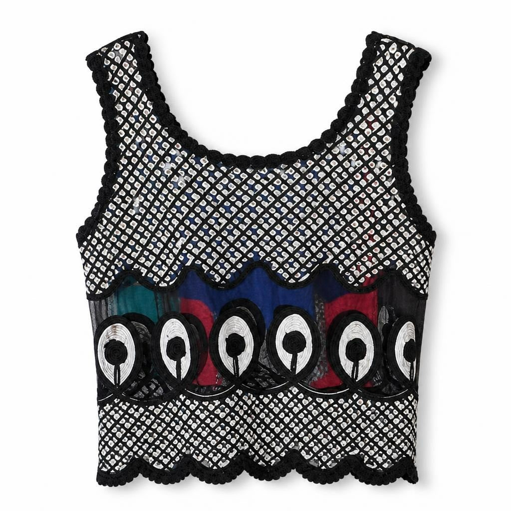 Black mesh sequin peacock embroidered crop top - white studio shot, second-hand at Why Go Less, Dekwaneh, Lebanon