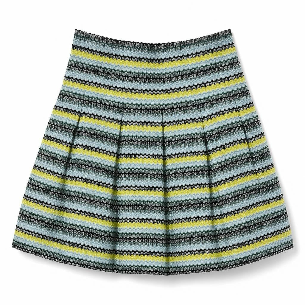 Missoni-style zigzag stripe pleated skirt, multicolor - white studio shot, second-hand at Why Go Less, Dekwaneh, Lebanon