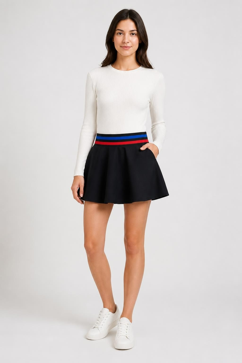 Black Mini Skirt with Red and Blue Stripe Waistband | Pre-Loved | Why Go Less-1