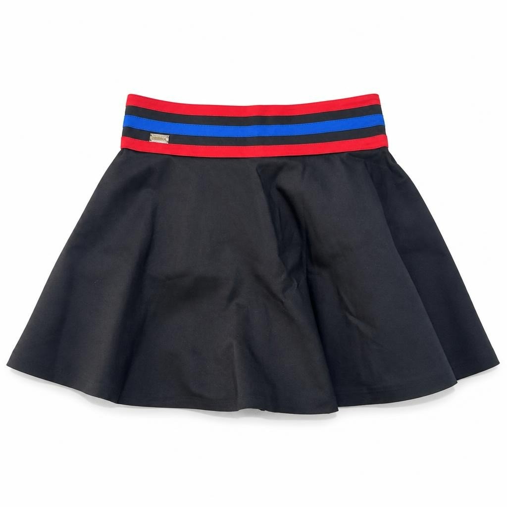 Black mini skirt red blue stripe waistband - white studio shot, second-hand at Why Go Less, Dekwaneh, Lebanon