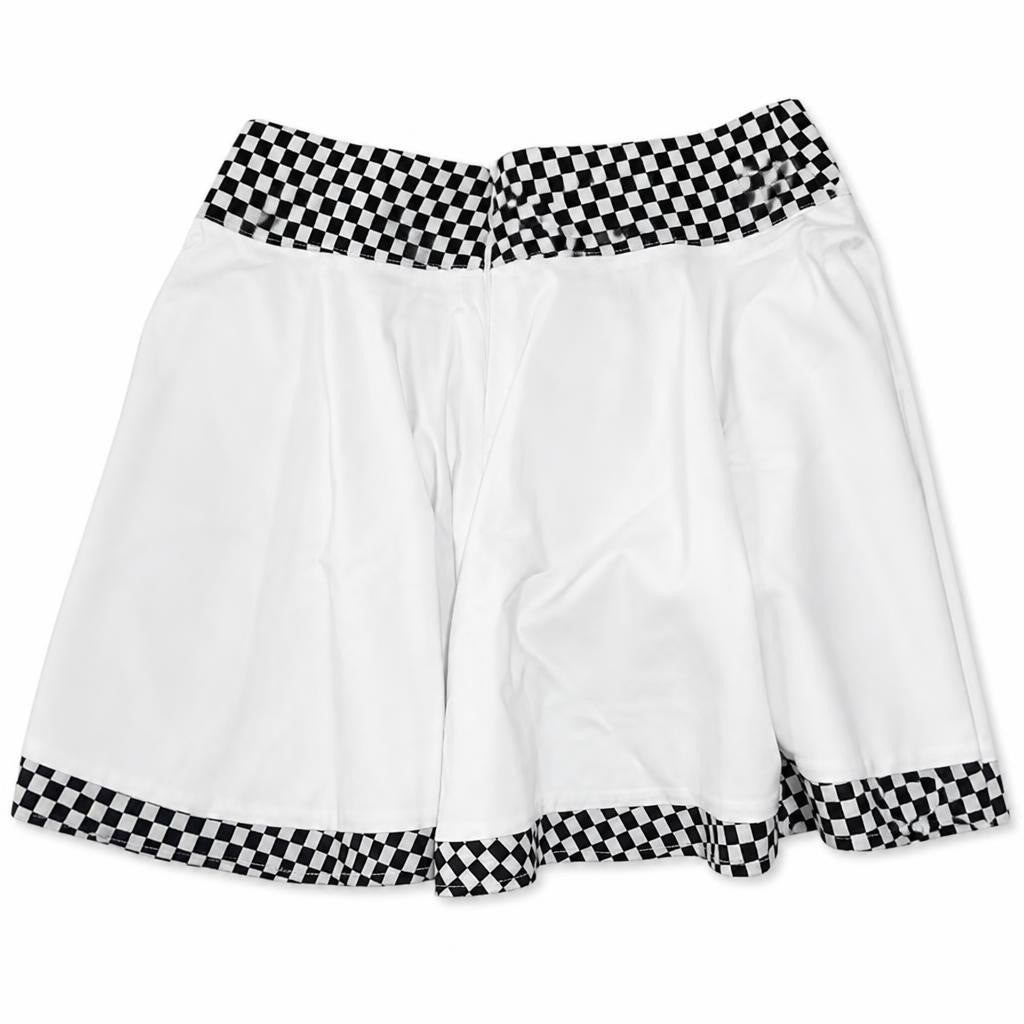 White skirt checkerboard black trim waist hem - white studio shot, second-hand at Why Go Less, Dekwaneh, Lebanon