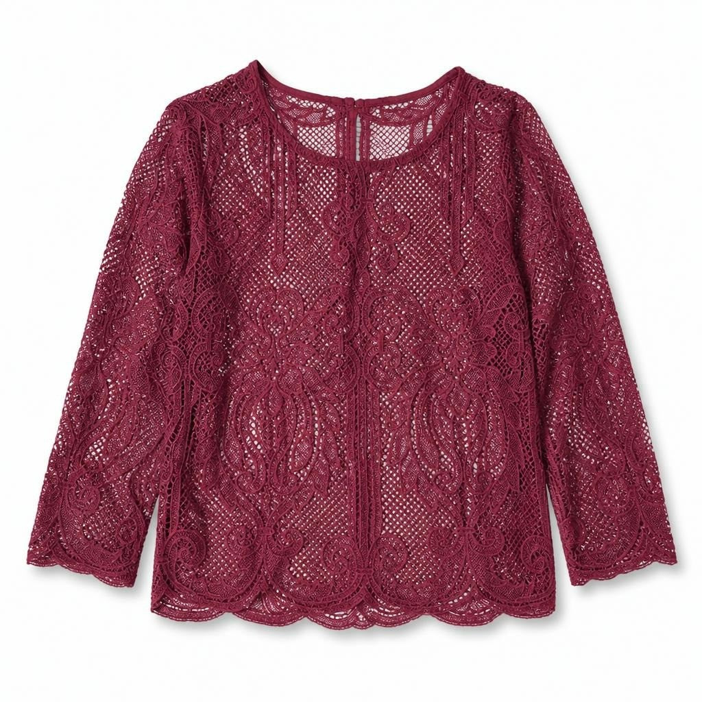 Capsule burgundy lace long-sleeve blouse top - white studio shot, second-hand at Why Go Less, Dekwaneh, Lebanon