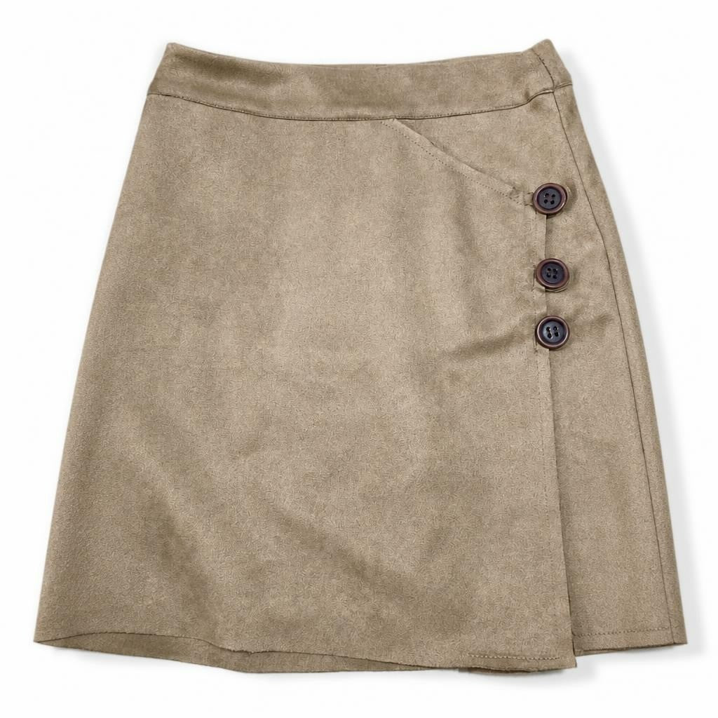 Tan camel faux suede wrap mini skirt buttons - white studio shot, second-hand at Why Go Less, Dekwaneh, Lebanon