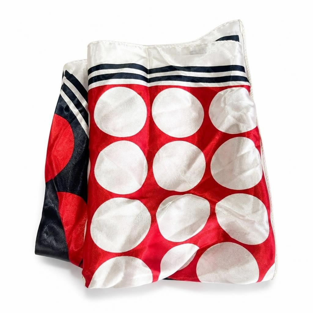 Polka Dot Red White Navy Satin Scarf | Pre-Loved | Why Go Less