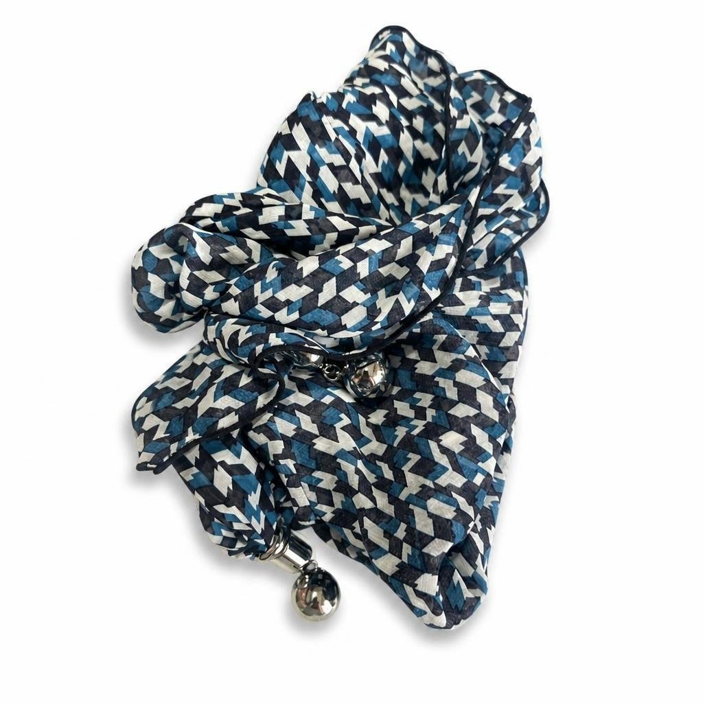 Blue White Geometric Houndstooth Scarf With Charm | Pre-Loved | Why Go Less-1
