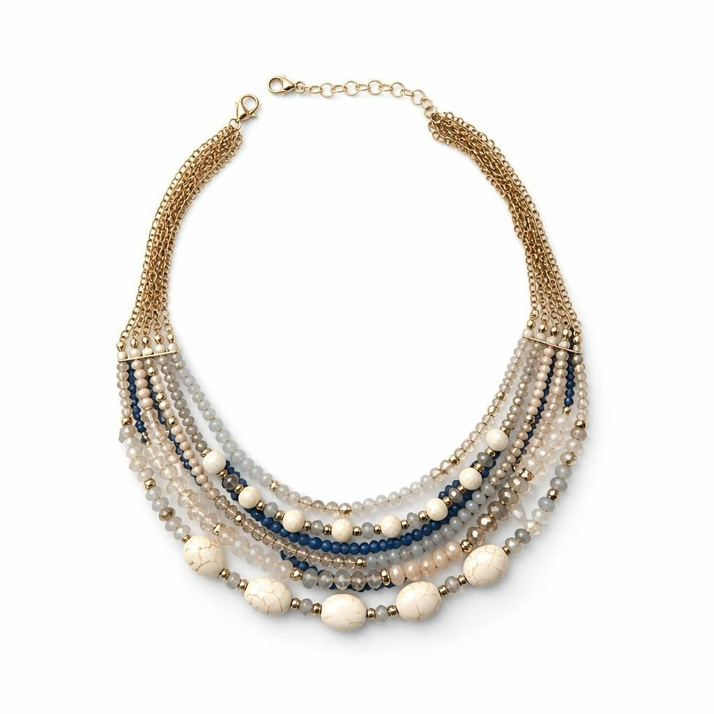 Multi-Strand Beaded Bib Necklace White Grey Gold | Pre-Loved | Why Go Less