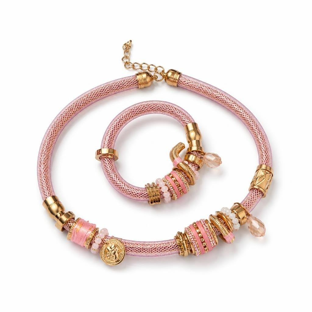 Pink Mesh Tube Bracelet And Necklace Set Gold | Pre-Loved | Why Go Less