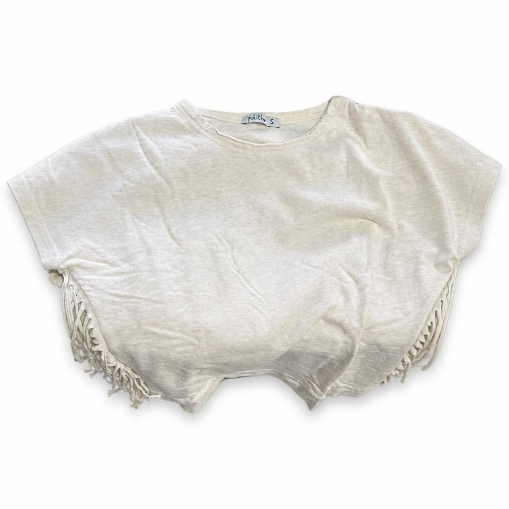 Petite cream/beige fringe-hem relaxed tee, size S - white studio shot, second-hand at Why Go Less, Dekwaneh, Lebanon
