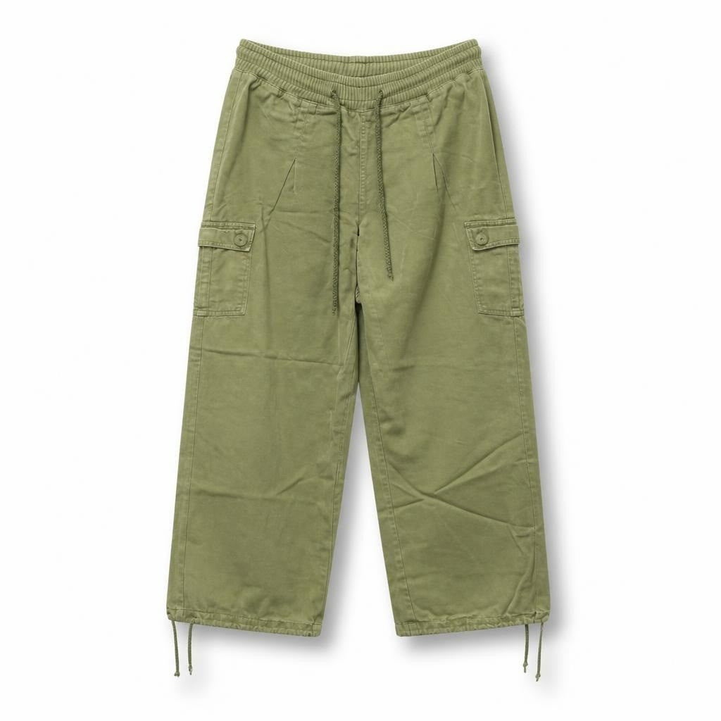 Olive green cargo jogger pants, drawstring waist - white studio shot, second-hand at Why Go Less, Dekwaneh, Lebanon