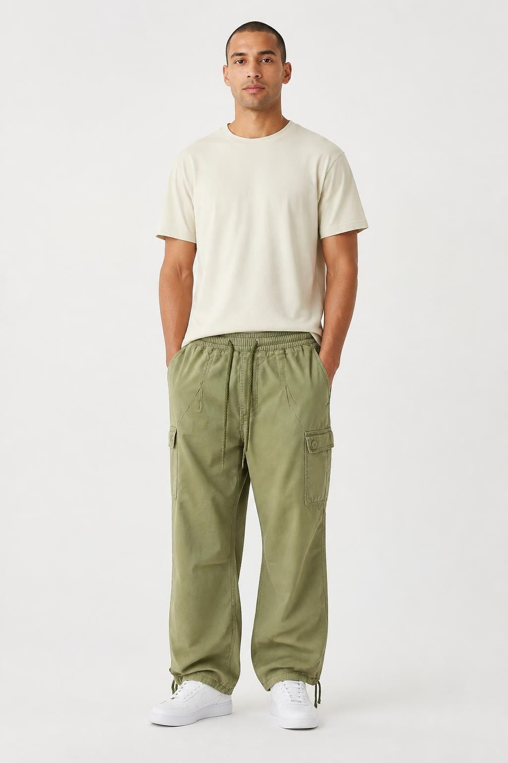 Olive Green Cargo Jogger Pants, Drawstring Waist | Pre-Loved | Why Go Less