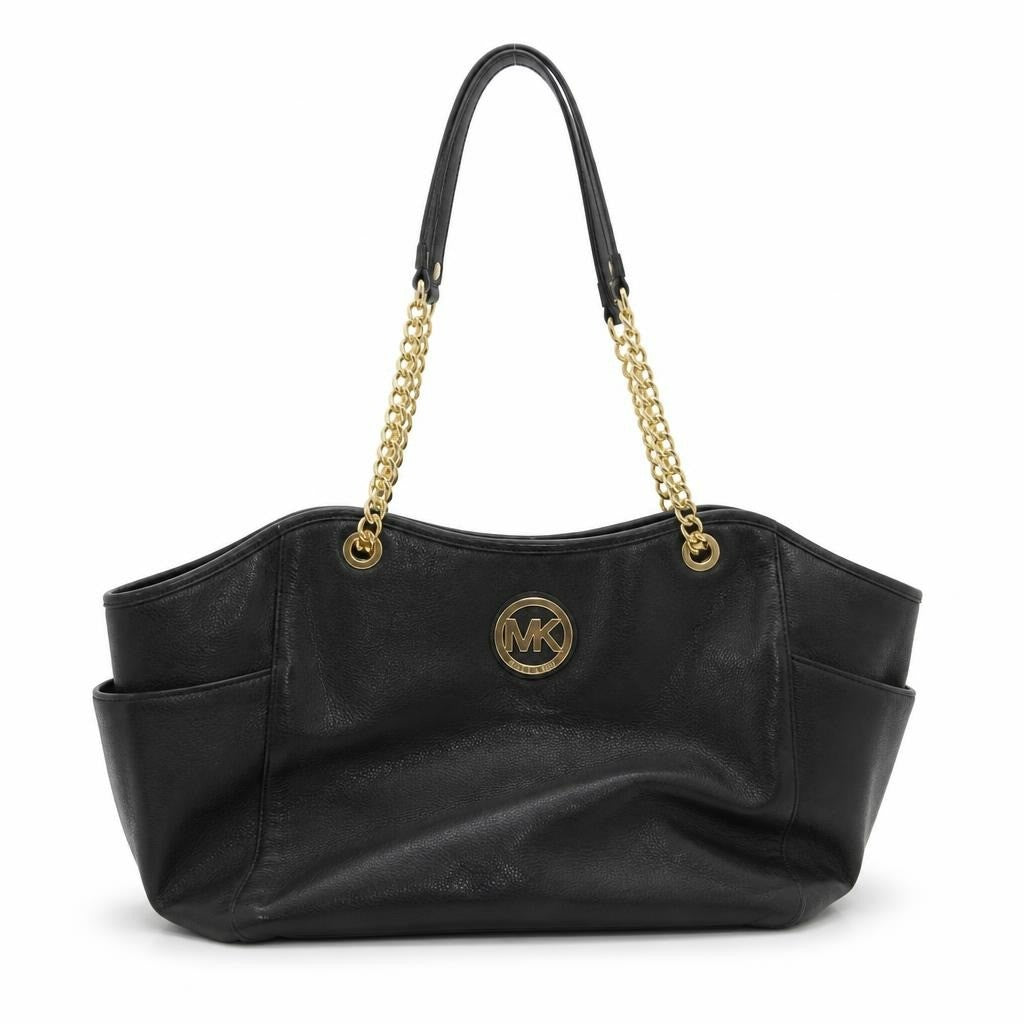 Michael Kors black leather chain tote bag - white studio shot, second-hand at Why Go Less, Dekwaneh, Lebanon