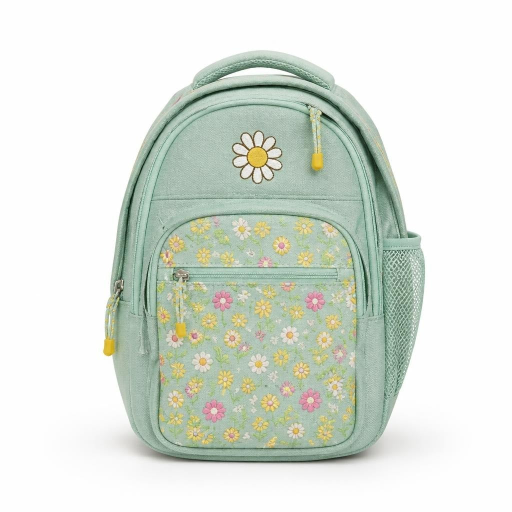 SmileyWorld mint green floral kids backpack - white studio shot, second-hand at Why Go Less, Dekwaneh, Lebanon