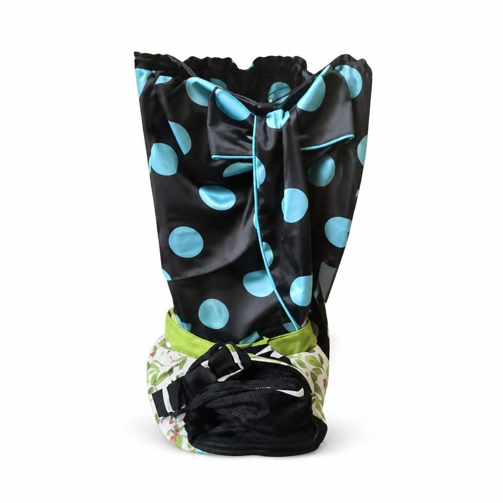 Black & teal polka dot drawstring bag - white studio shot, second-hand at Why Go Less, Dekwaneh, Lebanon