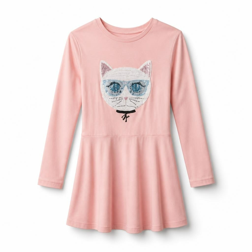 Karl Lagerfeld Kids pink sequin cat dress, ~4-6Y - white studio shot, second-hand at Why Go Less, Dekwaneh, Lebanon