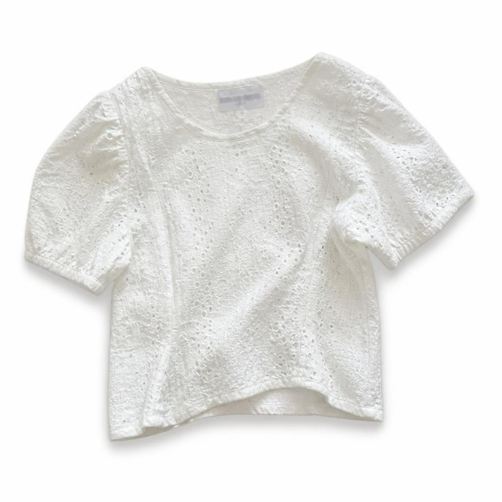 Berry Bear white broderie anglaise top, size 10 - white studio shot, second-hand at Why Go Less, Dekwaneh, Lebanon